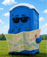 Baño químico junto a un mapa de ubicación